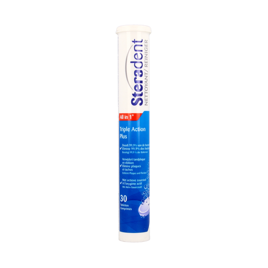 Steradent Triple Action Plus denture cleaning tablets, 30 count, for prostheses, showing packaging and tablets in a blister pack.