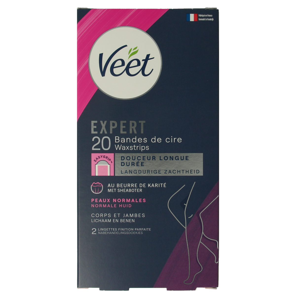 Veet Expert koude waxstrips voor benen, 20 stuks, geschikt voor scheren en ontharen, zichtbaar in de afbeelding.