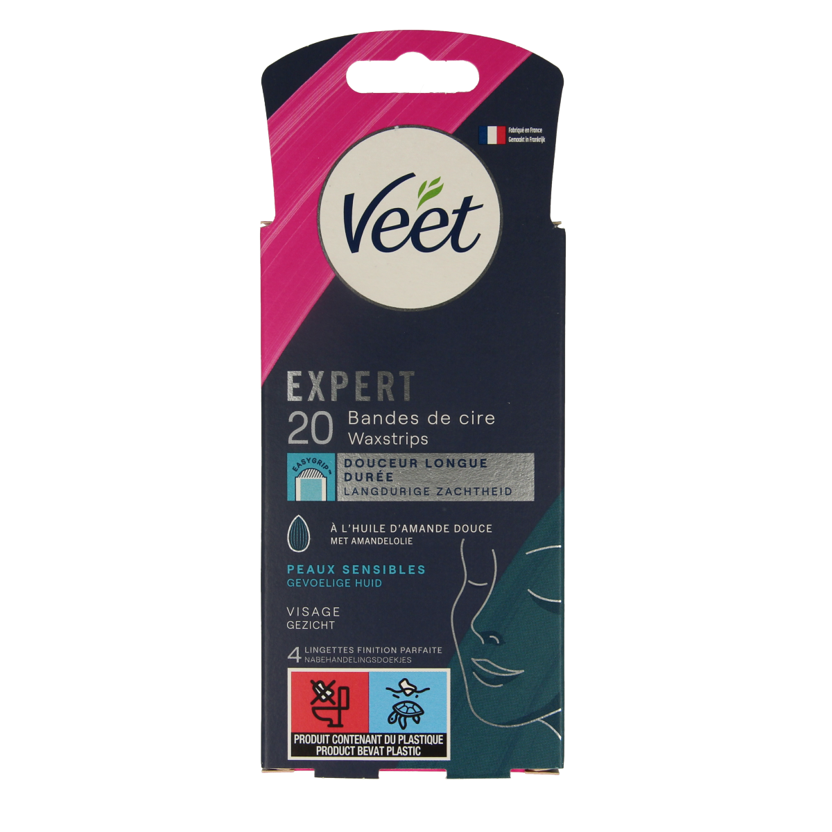 Veet Expert koude waxstrips voor gezicht, 20 stuks, huidvriendelijke ontharingsstrips voor een glad gezicht.