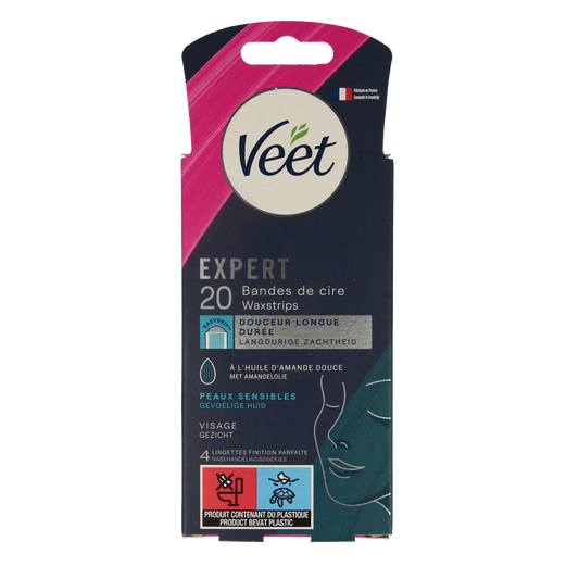 Veet Expert koude waxstrips voor gezicht, 20 stuks, huidvriendelijke ontharingsstrips voor een glad gezicht.