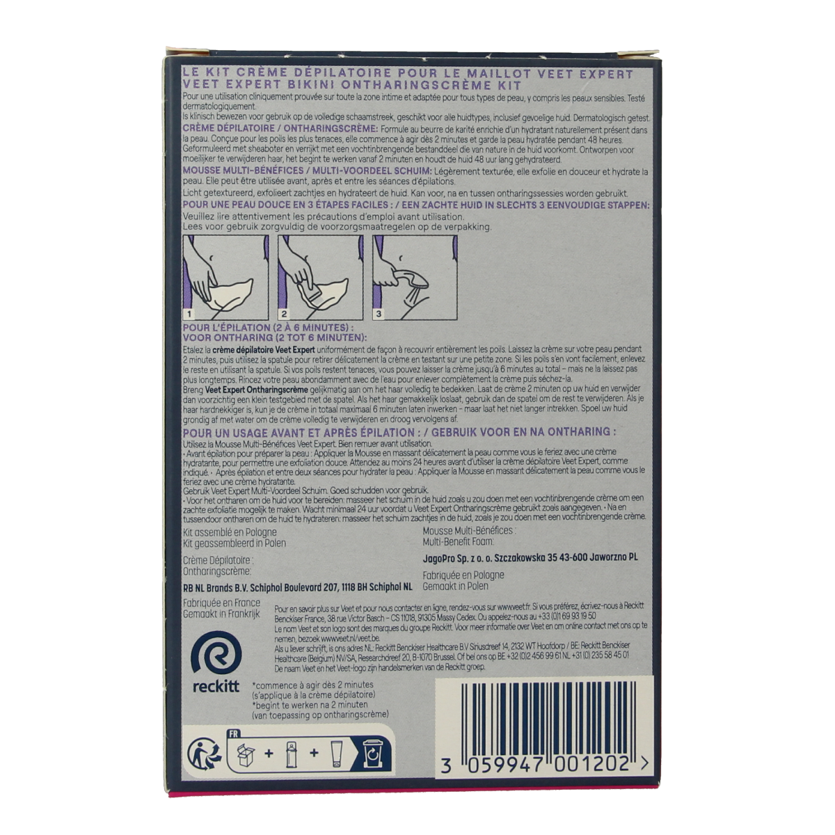 Veet Expert ontharingscrème bikini, 100ml, for smooth hair removal in the bikini area, in a white tube with blue accents.