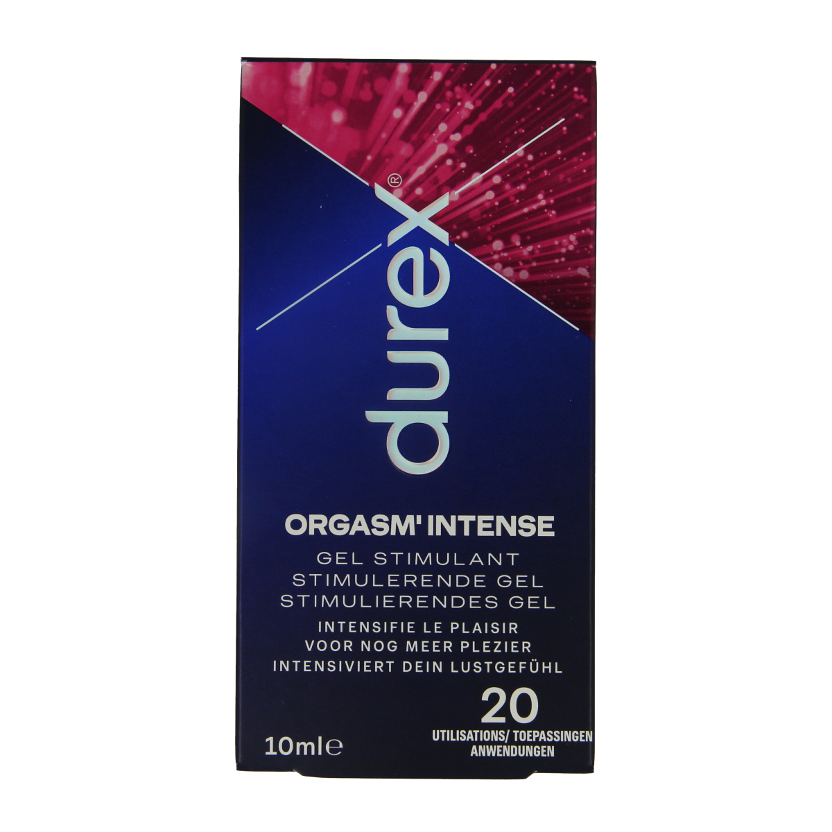 Durex Orgasm intense gel in 10ml tube, a personal lubricant for enhanced pleasure, with the Durex brand logo visible on the packaging.