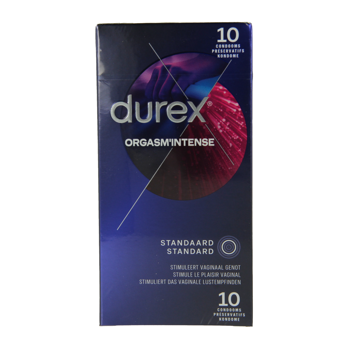 Box of Durex Orgasm Intense condoms with 10 pieces, featuring packaging with the Durex logo and product information.