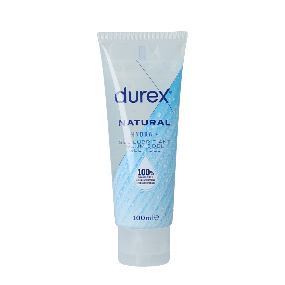 Durex Natural Gel Hydra+ lubricant in 100ml bottle, clear gel for enhanced comfort and moisture, Durex brand.