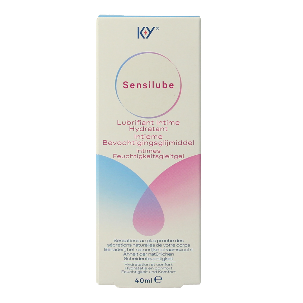 Durex Sensilube lubricant bottle with 40ml capacity, transparent liquid, and Durex branding on the label.