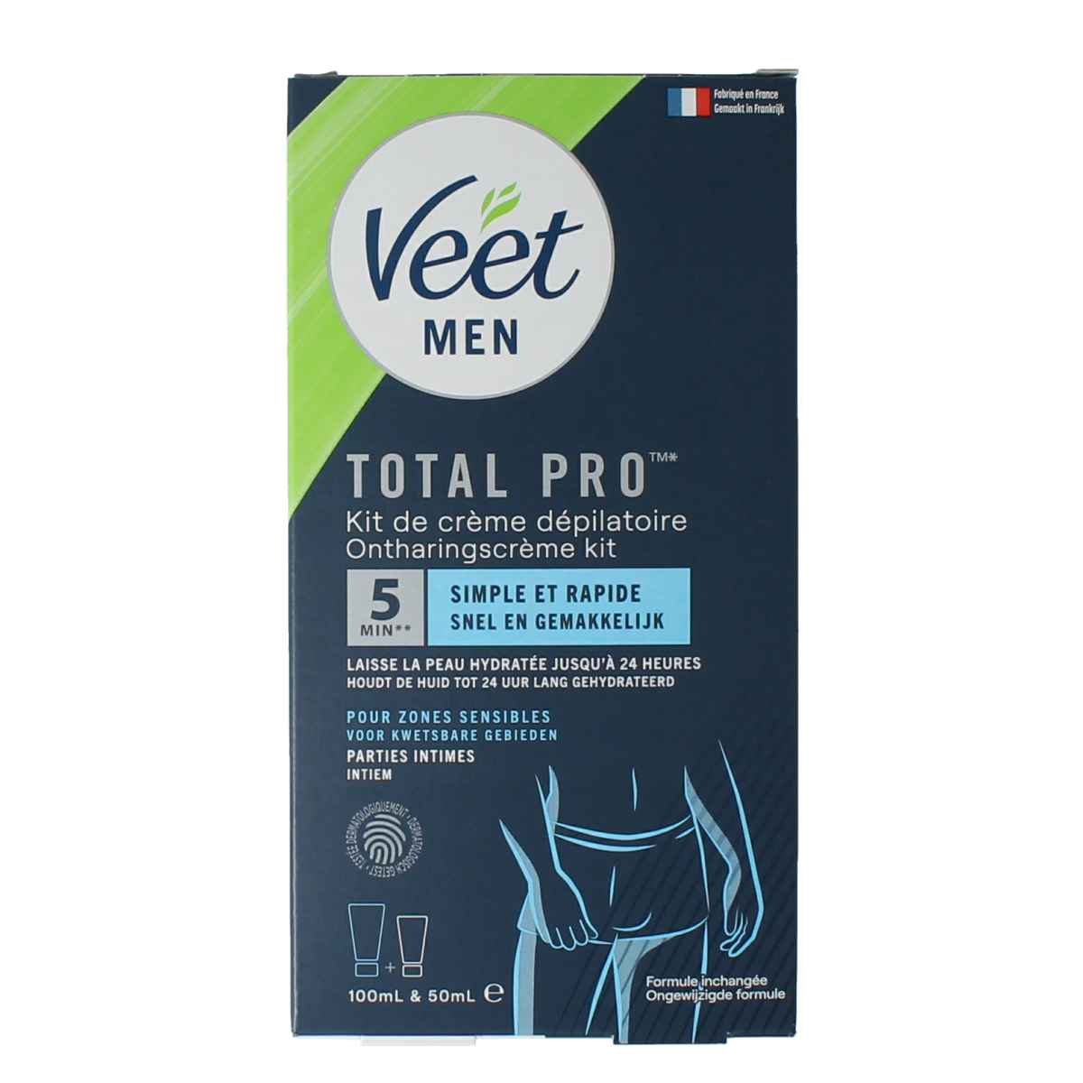 Veet Men hair removal kit for intimate body parts, 150ml, includes shaving and hair removal tools for men.