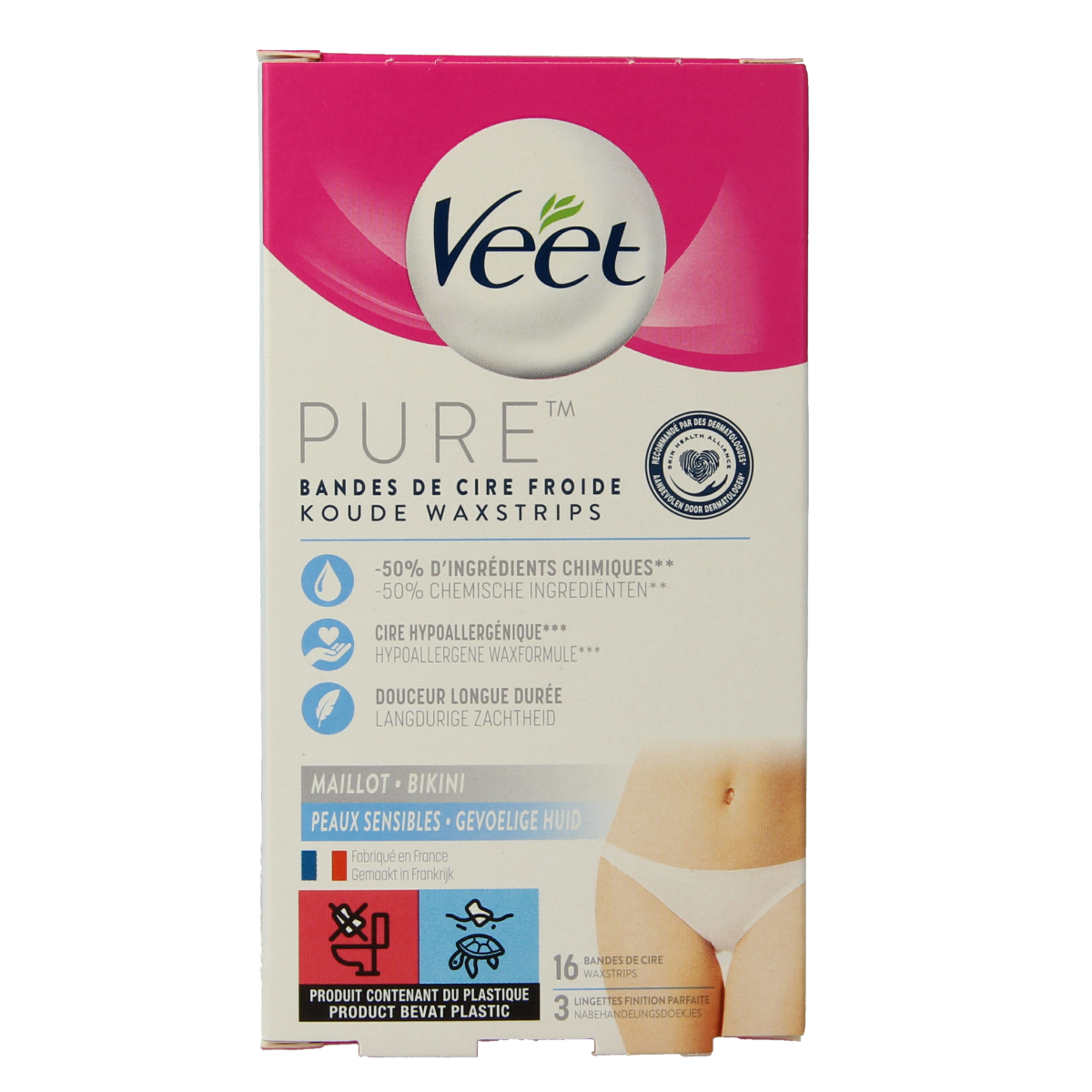 Veet Mimima koude wasstrips bikini hypoallergeen, 16 strips for gentle hair removal in the bikini area.