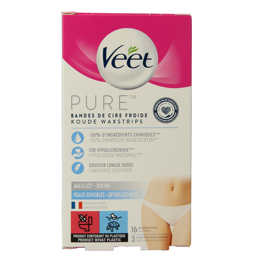 Veet Mimima koude wasstrips bikini hypoallergeen, 16 strips for gentle hair removal in the bikini area.