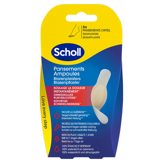 Scholl Blarenpleisters voor tenen, 6 stuks, zachte pleisters en tape voor blaren en huidbescherming op de tenen.