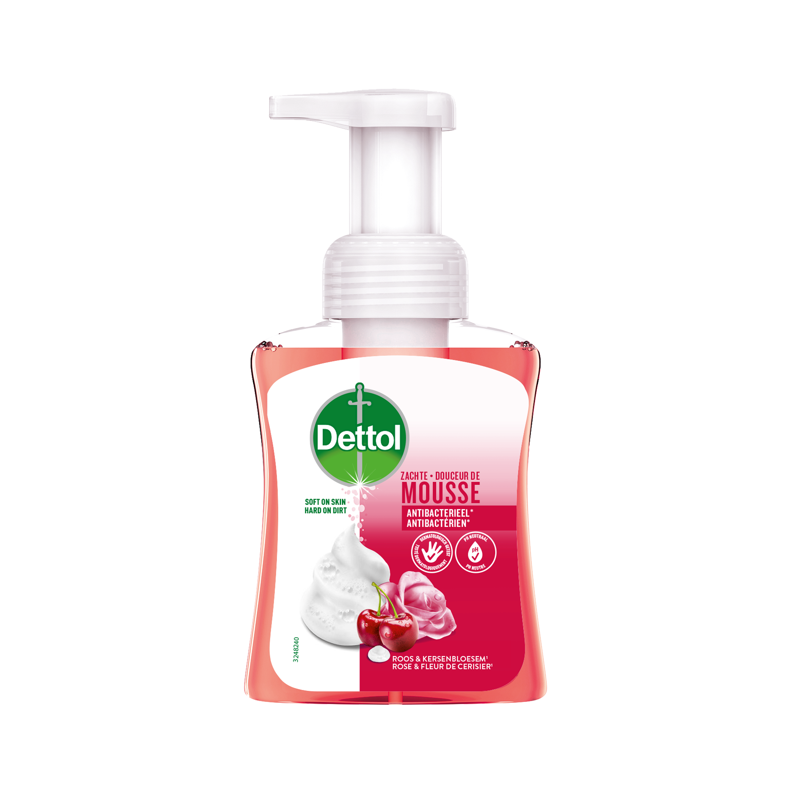 Dettol Rose & Cherry Blossom Mousse cleaner bottle, 250ml, in pink with floral design, for bathroom or home cleaning.