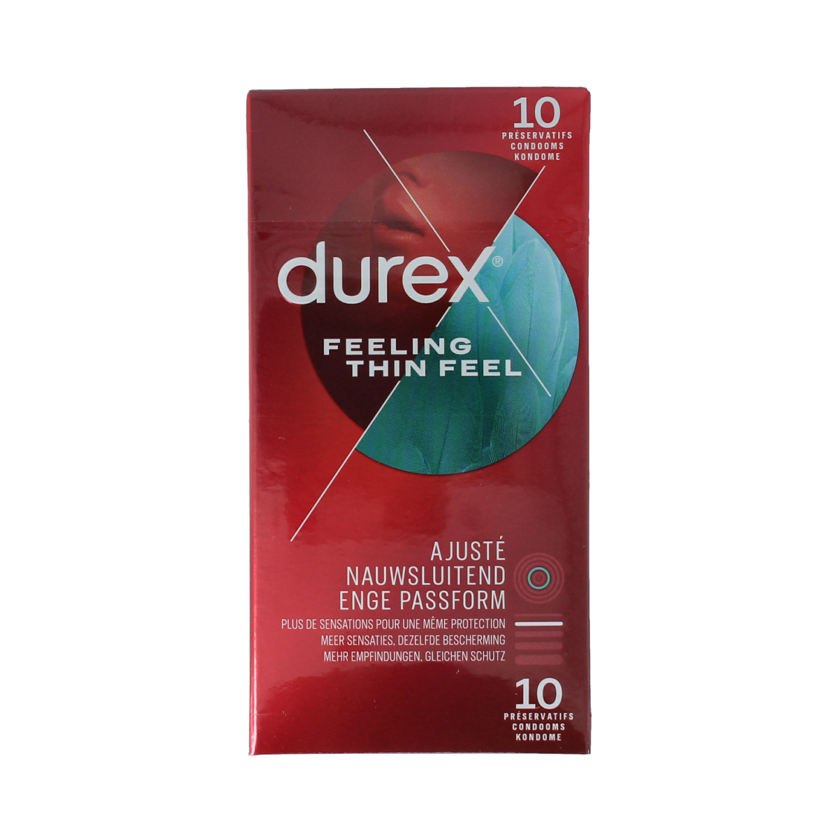 Durex Thin Feel close fit condoms 10 pack, featuring transparent, snug-fit latex protection with Durex branding.