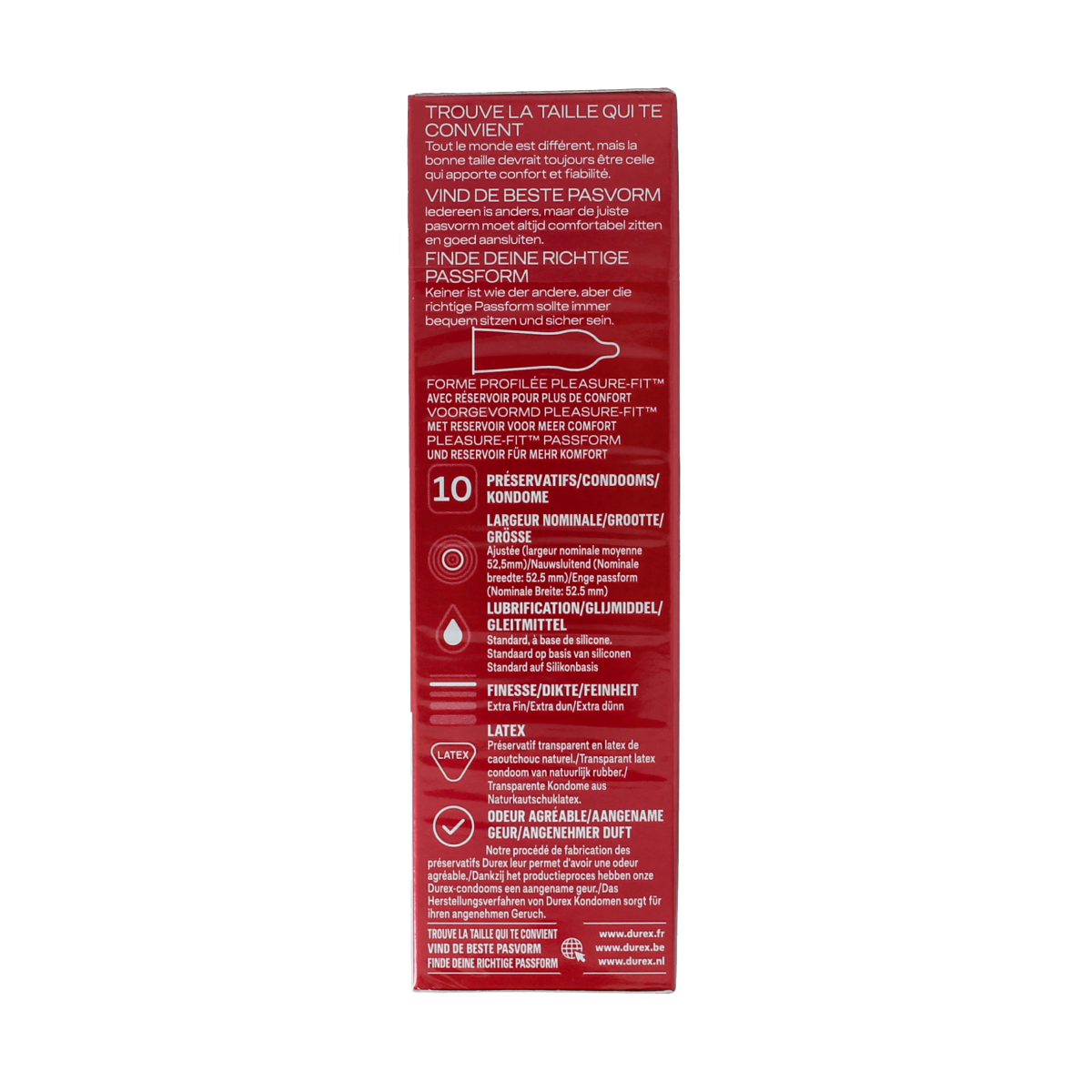Durex Thin Feel Close Fit condoms in a pack of 10, showing the condom packaging with branding and product details.