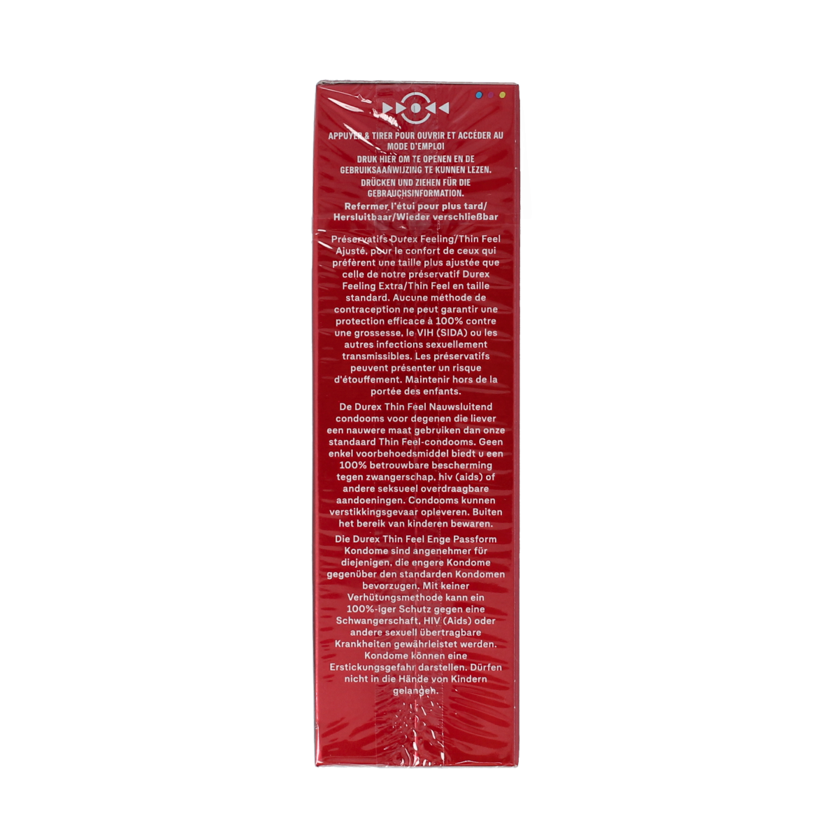 Durex Thin Feel close fit condoms, pack of 10, showing the condom packaging with branding and product details.