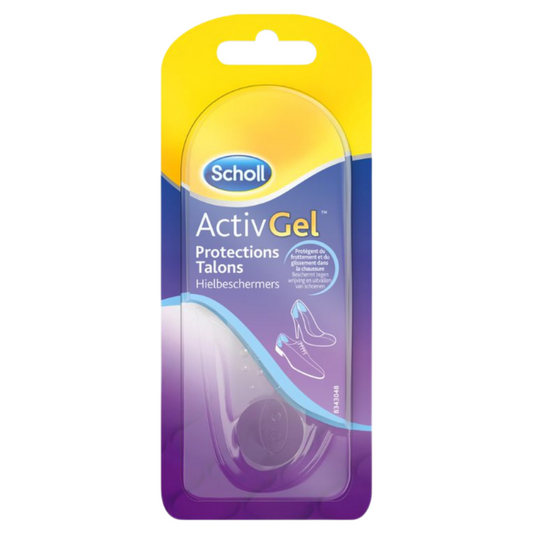 Scholl Activgel heel protectors in a pair, soft gel foot care cushions for heel comfort and pain relief.