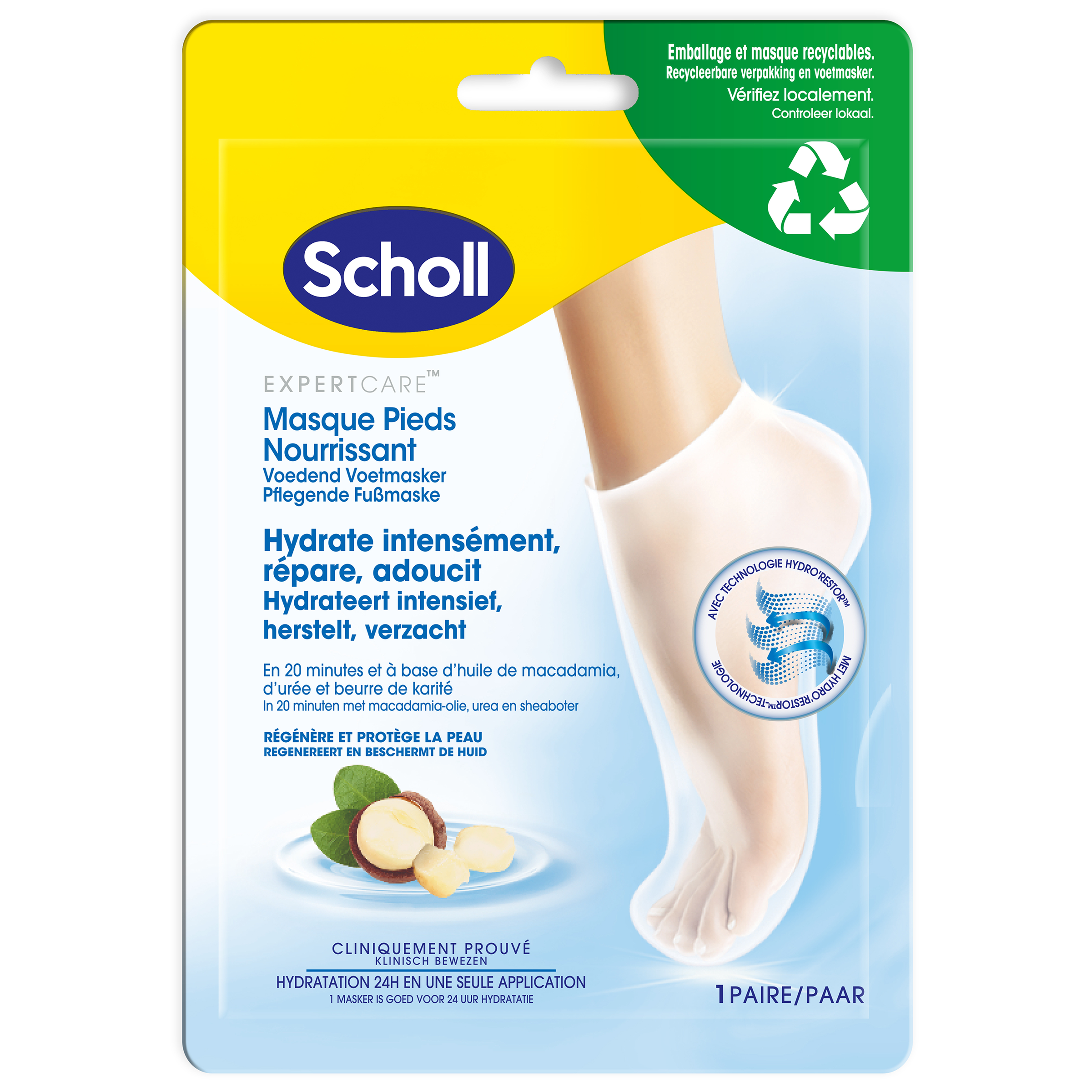 Scholl Voetmasker for foot care, pair of moisturizing foot masks shown in a natural setting.