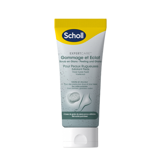 Scholl Voetscrub bottle with label, 75ml, a foot care product in a clear plastic container for exfoliating and foot hygiene.