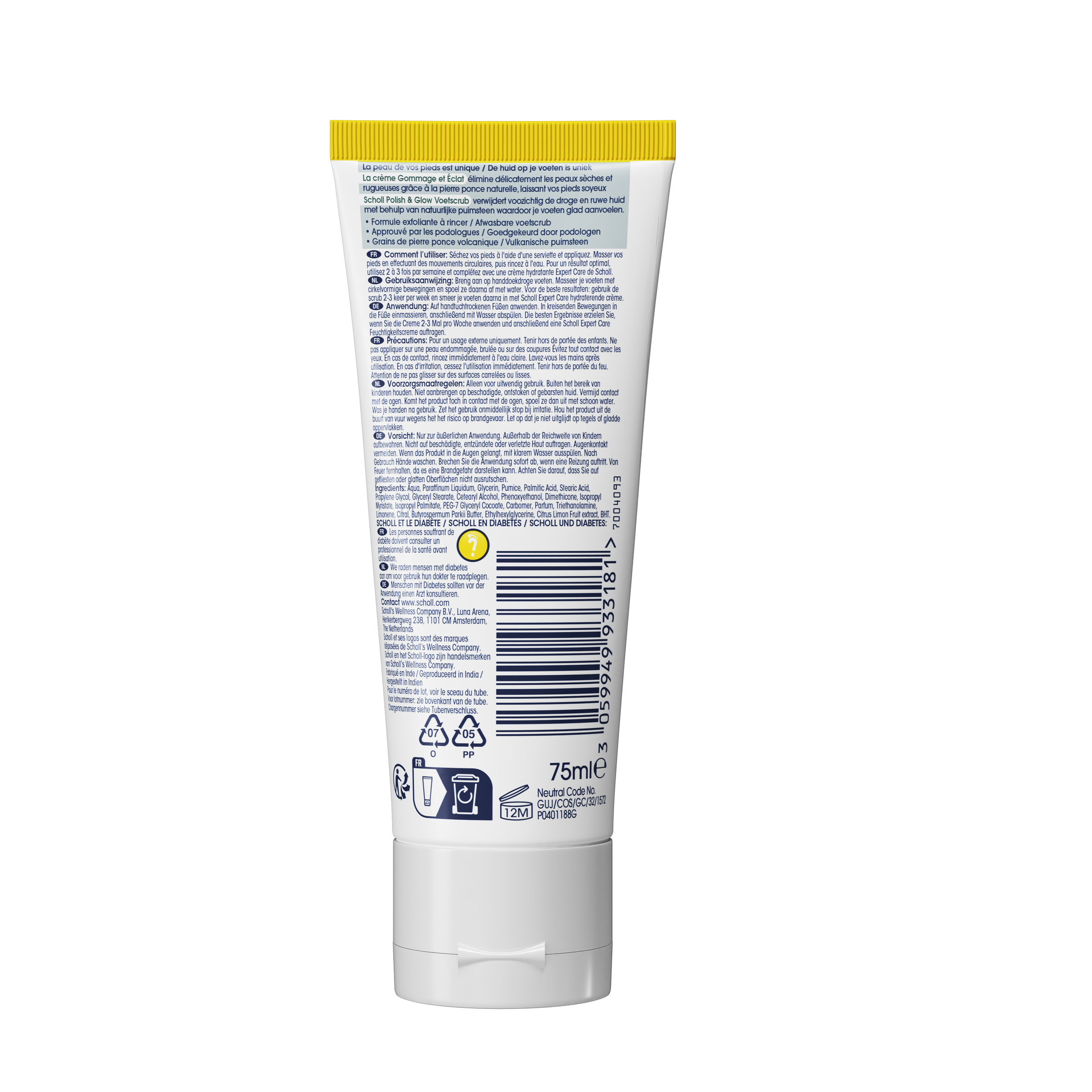 Scholl Voetscrub 75ml bottle with label, designed for foot care and exfoliation, in a clear plastic container