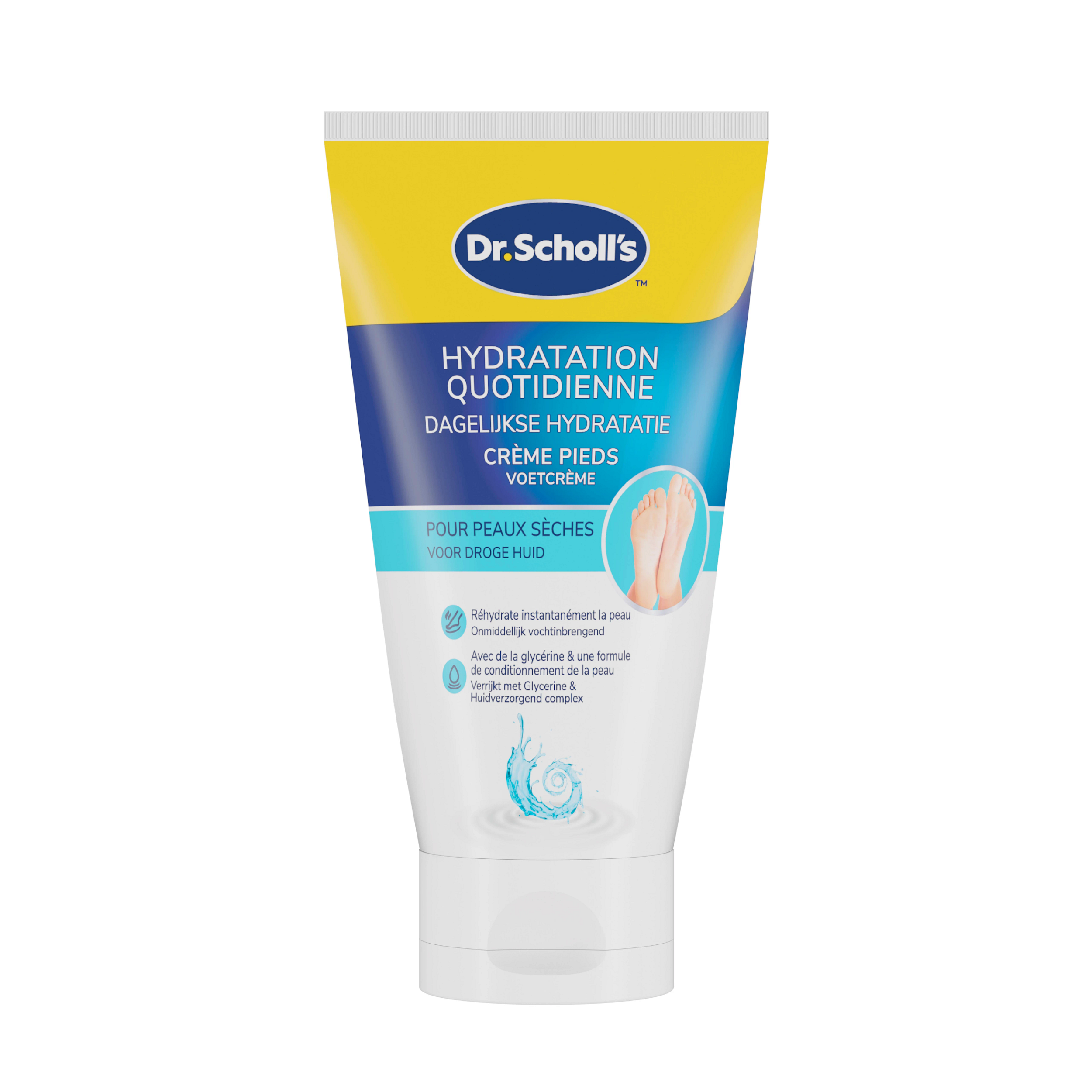 Dr. Scholl's Voetcreme dagelijkse hydratatie in 150ml tube, moisturizing foot care product with smooth cream texture.