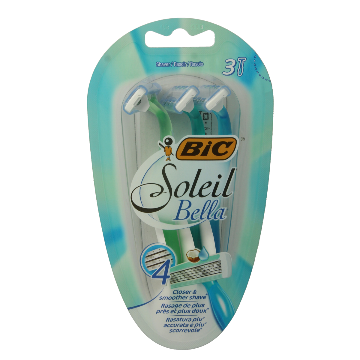BIC Soleil Bella shaver blades, pack of 3, for smooth and comfortable shaving, featuring ergonomic handle design.