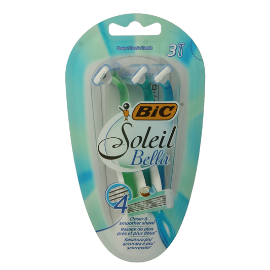 BIC Soleil Bella shaver blades, pack of 3, for smooth and comfortable shaving, featuring ergonomic handle design.