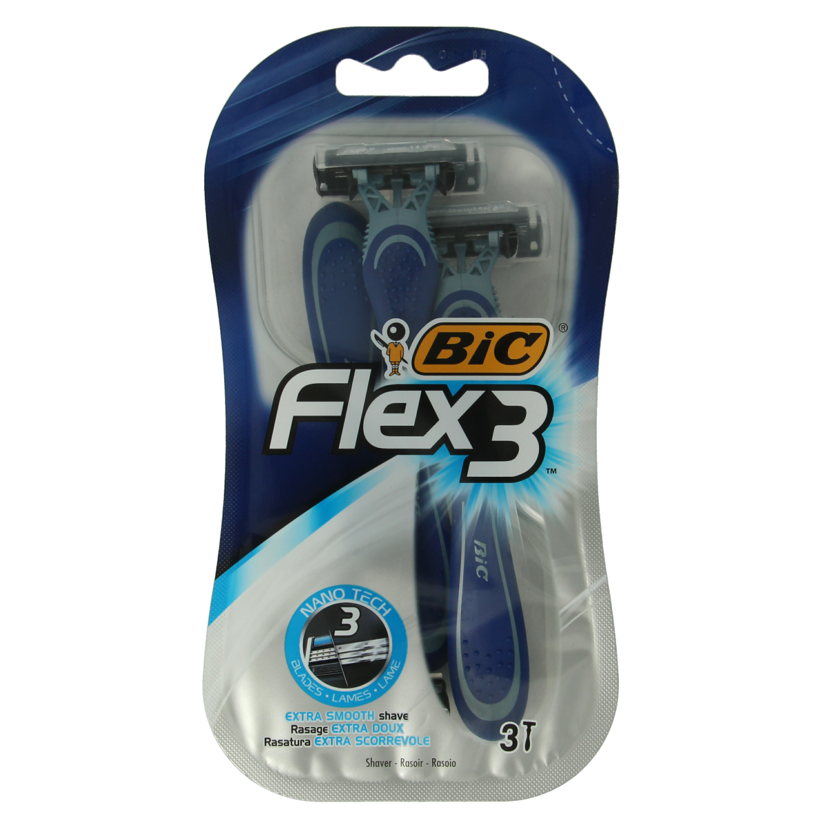 BIC Flex 3 Comfort razors, pack of 3, with flexible blades for smooth shaving, shown in the product image.