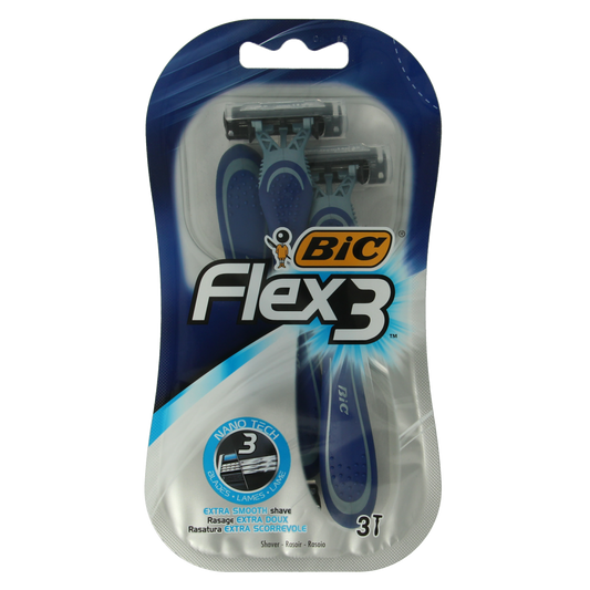BIC Flex 3 Comfort razors, pack of 3, with flexible blades for smooth shaving, shown in the product image.