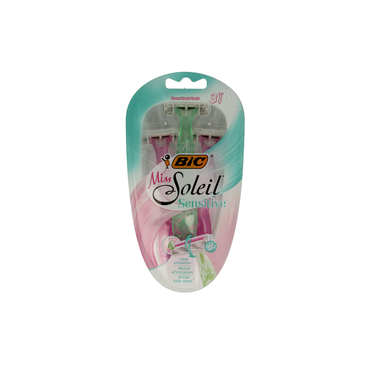 BIC Miss Soleil Sensitive shaver blades, pack of 3, designed for gentle and precise shaving, featuring BIC branding and packaging.