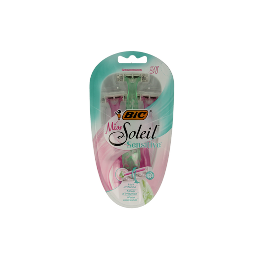 BIC Miss Soleil Sensitive shaver blades, pack of 3, designed for gentle and precise shaving, featuring BIC branding and packaging.
