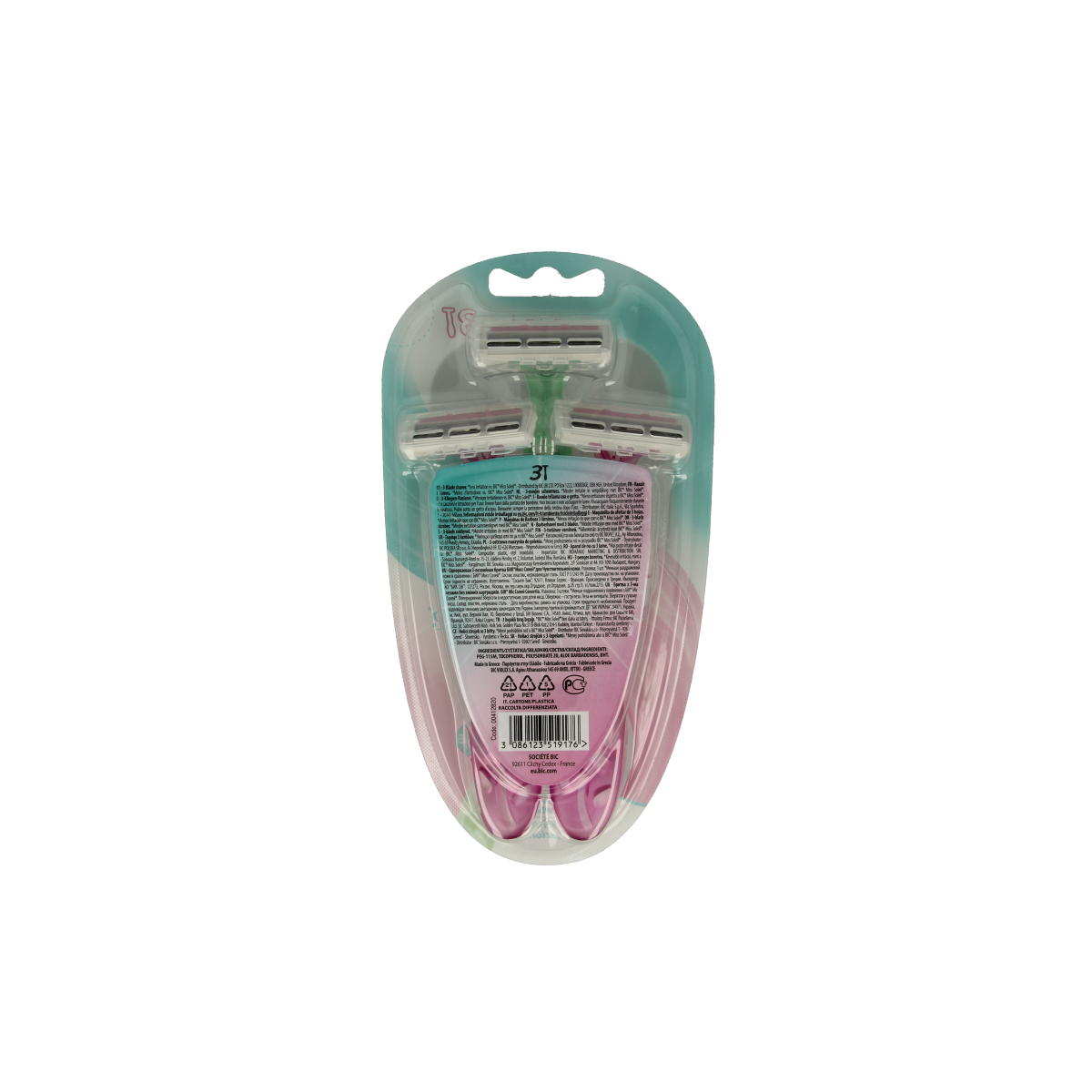 BIC Miss Soleil Sensitive shaver blades, pack of 3, designed for gentle shaving and sensitive skin.