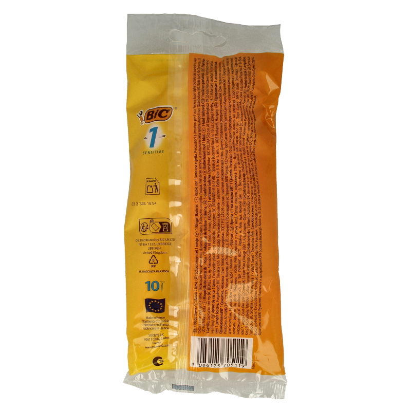 BIC sensitive safety razors with 10 blades for comfortable shaving, shown in packaging.
