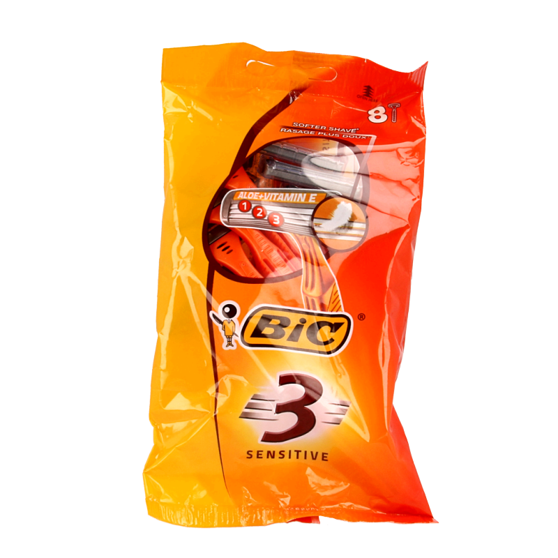 BIC 3 Sensitive disposable shaver blades in a pouch, designed for gentle shaving, shown in a close-up of the product image.