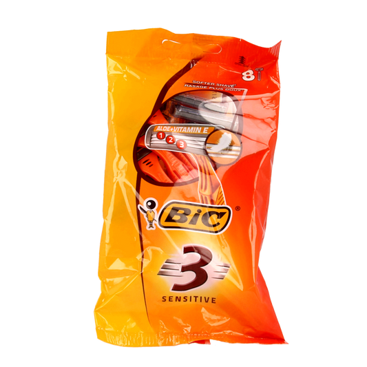 BIC 3 Sensitive disposable shaver blades in a pouch, designed for gentle shaving, shown in a close-up of the product image.