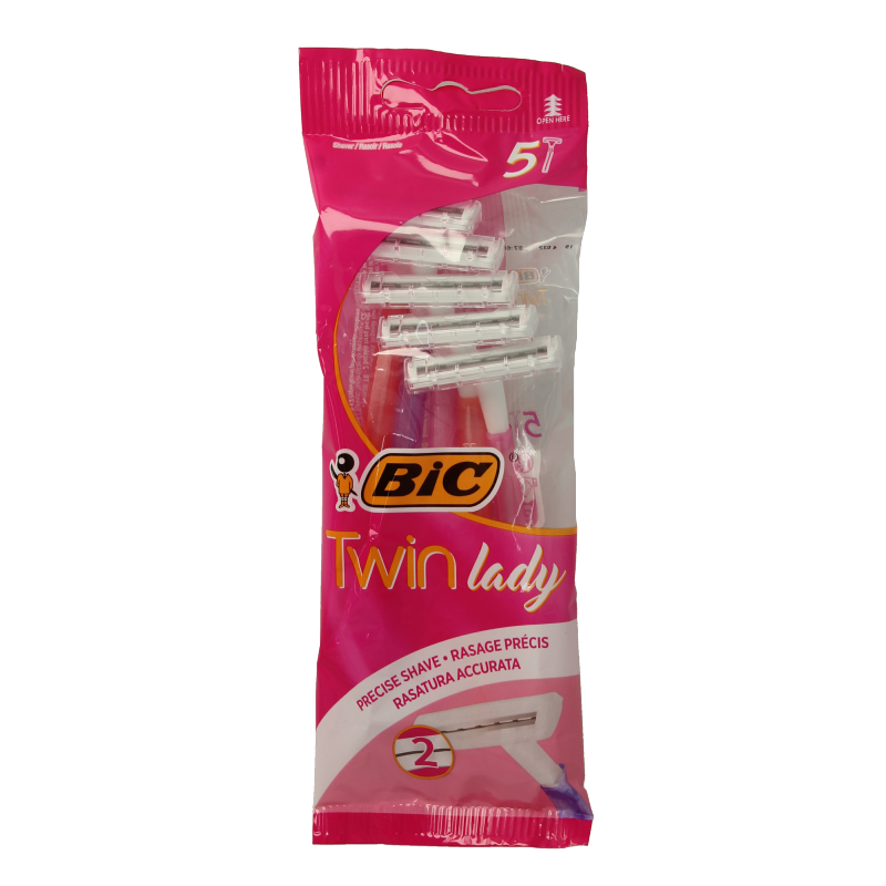 BIC Lady twin pouch shaving blades, 5-pack of scheerinstrumenten with double blades in a compact pouch.
