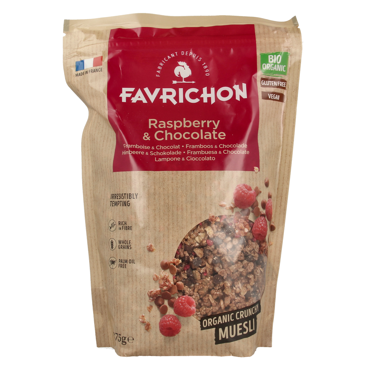 Favrichon Framboos & chocolade crunchy bio muesli in a 375g package, featuring raspberry and chocolate pieces.