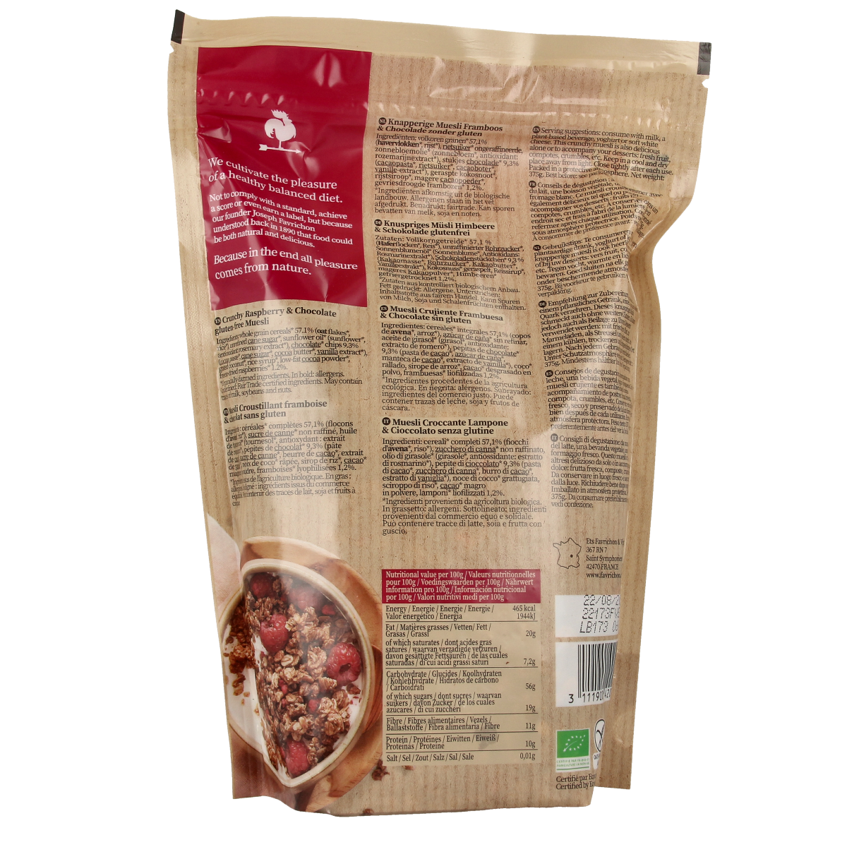 Favrichon Framboos and chocolate crunchy organic breakfast cereal in a 375g package, showing a bowl of muesli with berries and chocolate pieces.