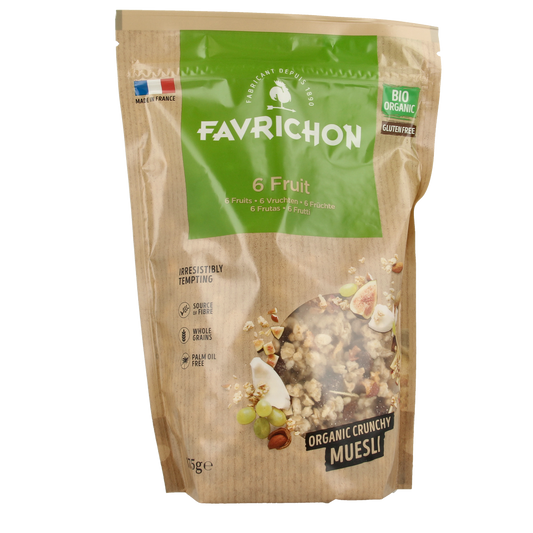 Favrichon organic 6-fruit muesli in a 375g package, showing a close-up of the cereal with dried fruits and grains.
