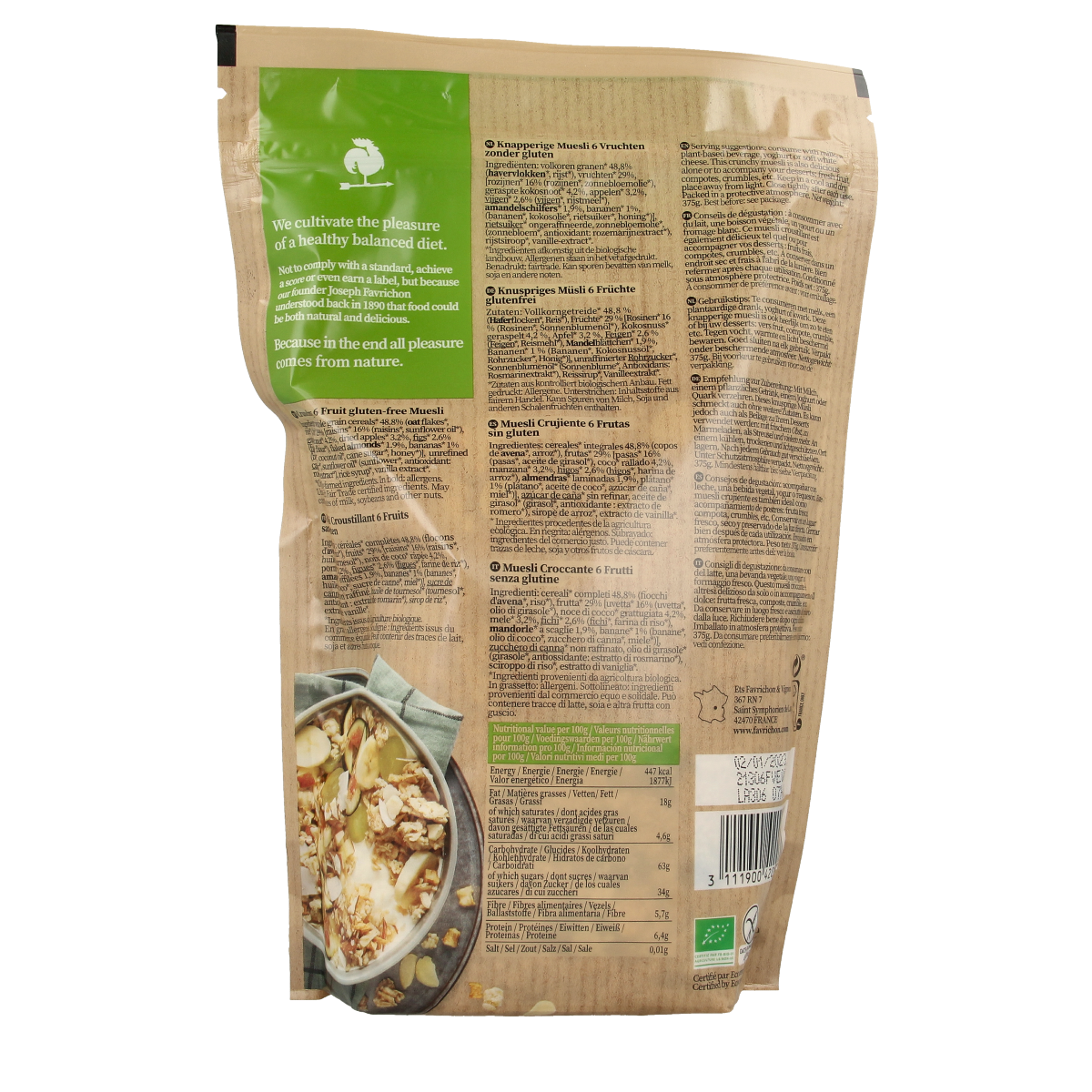 Favrichon bio 6 Vruchten muesli breakfast grains in a 375g package with dried fruits and oats, ready for breakfast.