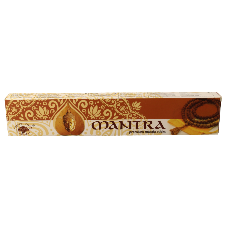 Green Tree Wierookstokjes mantra incense sticks, 15 grams, with green packaging and natural wooden sticks for meditation use.