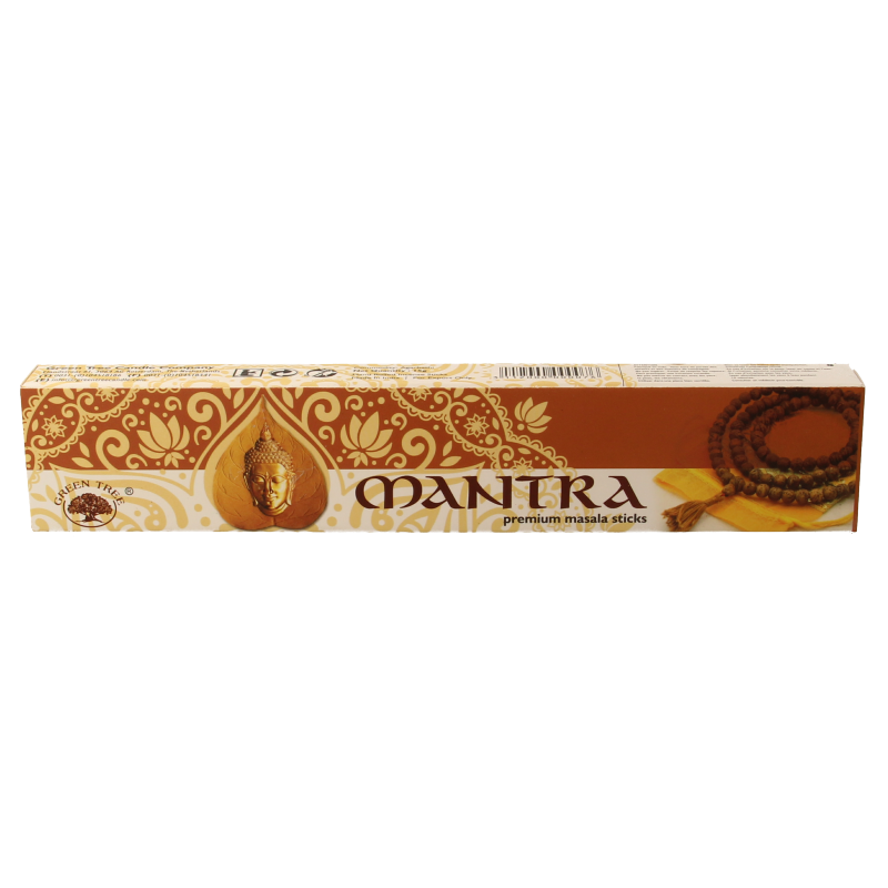 Green Tree Wierookstokjes mantra incense sticks in 15 grams package, showing green packaging and incense sticks inside
