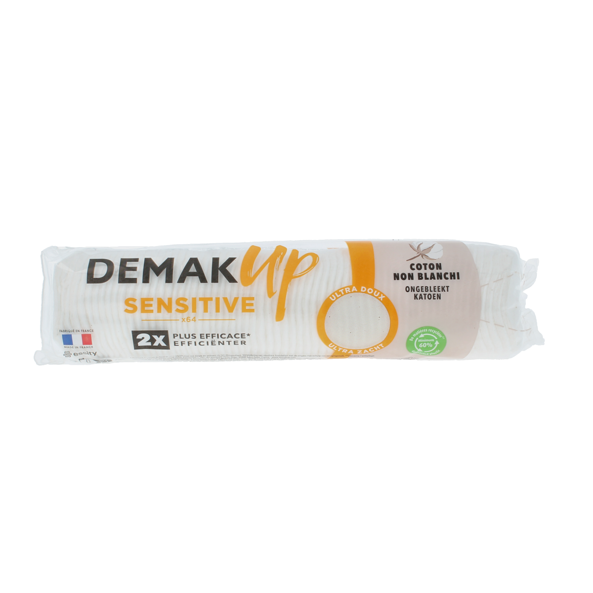 Demak Up supersoft sensitive silk face cotton pads in a pack of 64, ideal for gentle facial skincare.