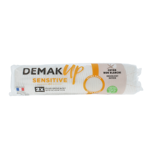 Demak Up supersoft sensitive silk face cotton pads in a pack of 64, ideal for gentle facial skincare.