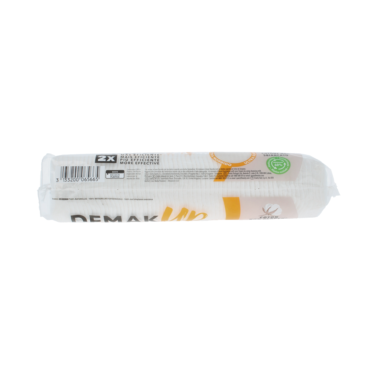 Demak Up supersoft sensitive silk facial cotton pads, 64 pieces for gentle skincare, in a clear package against a white background.