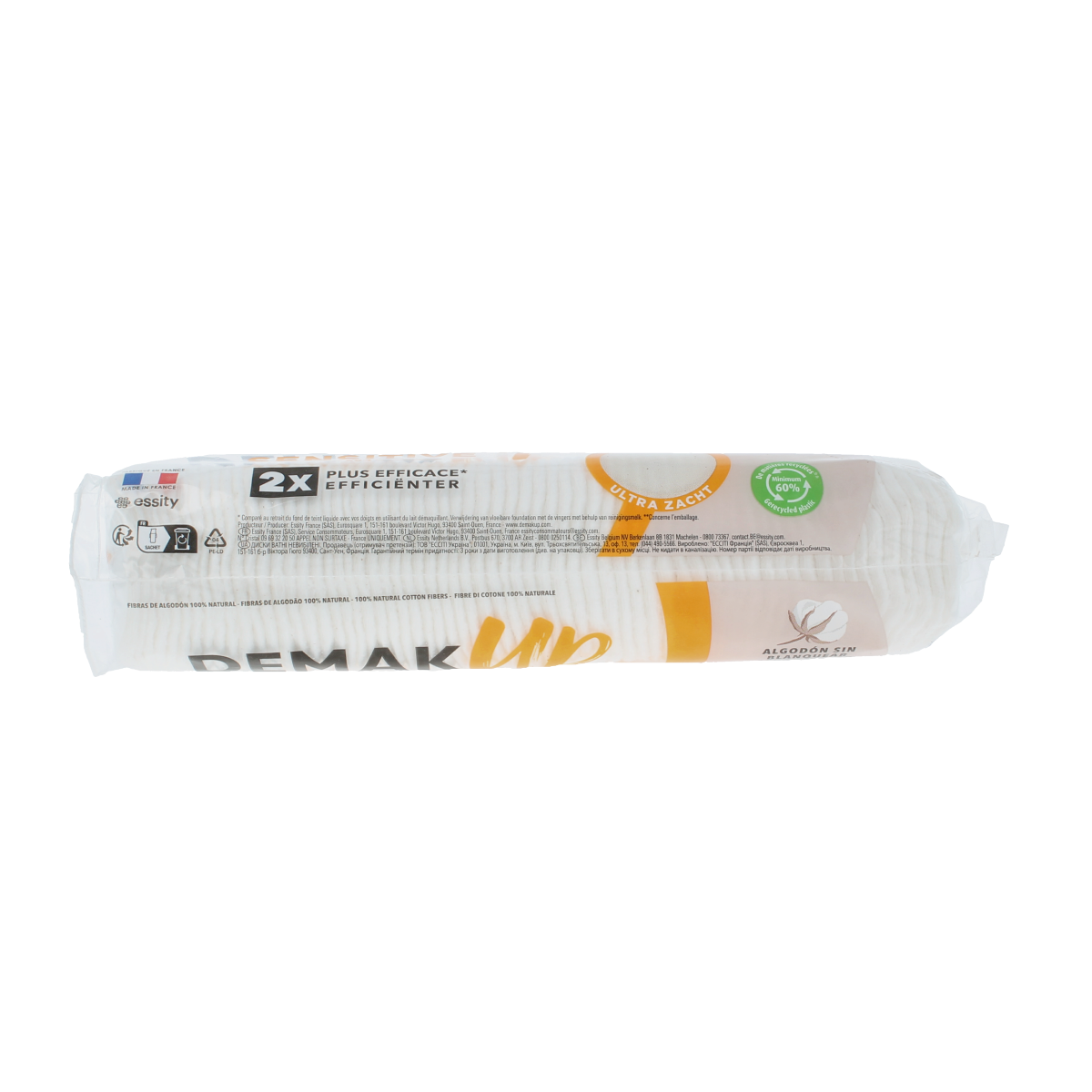 Demak Up supersoft sensitive silk facial pads, 64 pieces, gentle for cleansing and skincare, in white plush fabric.