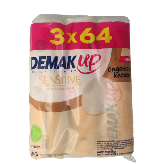 Demak Up Wattenpads sensitive round A3 pack with 192 cotton pads for gentle skincare and cleansing.
