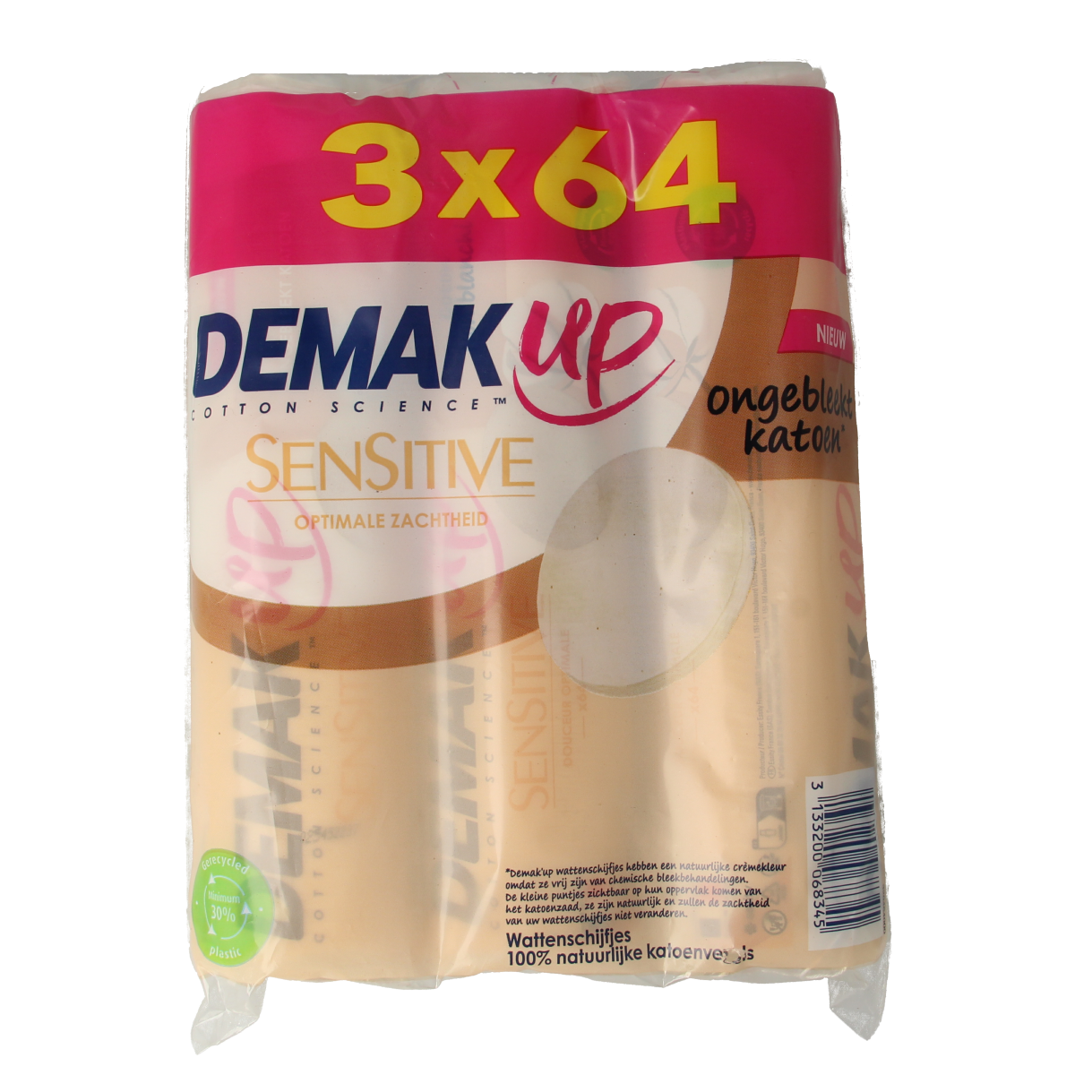 Demak Up sensitive round cotton pads on A3 sheet, 192 pieces, soft and gentle for skincare and makeup removal.