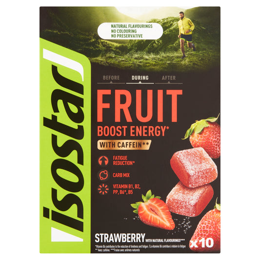Isostar Energy Fruitboost Strawberry multivitamin supplement in a 100g package with fresh strawberries and vibrant fruit visuals