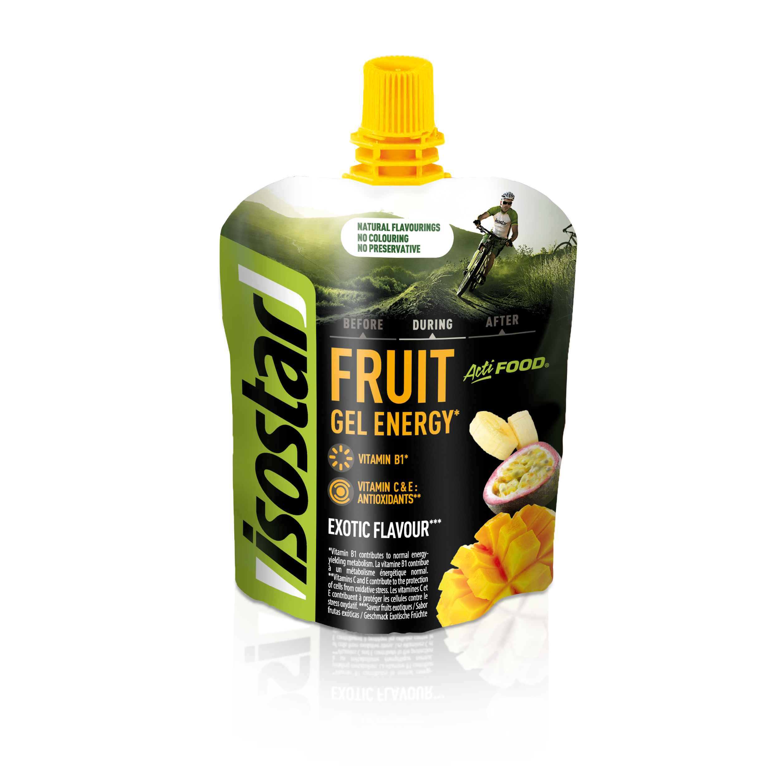 Isostar Actifood exotic snack pack, 90 grams, showing colorful fruit and nut mixture in a resealable bag.