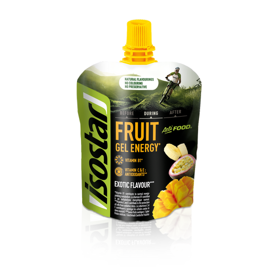 Isostar Actifood exotic snack pack, 90 grams, showing colorful fruit and nut mixture in a resealable bag.