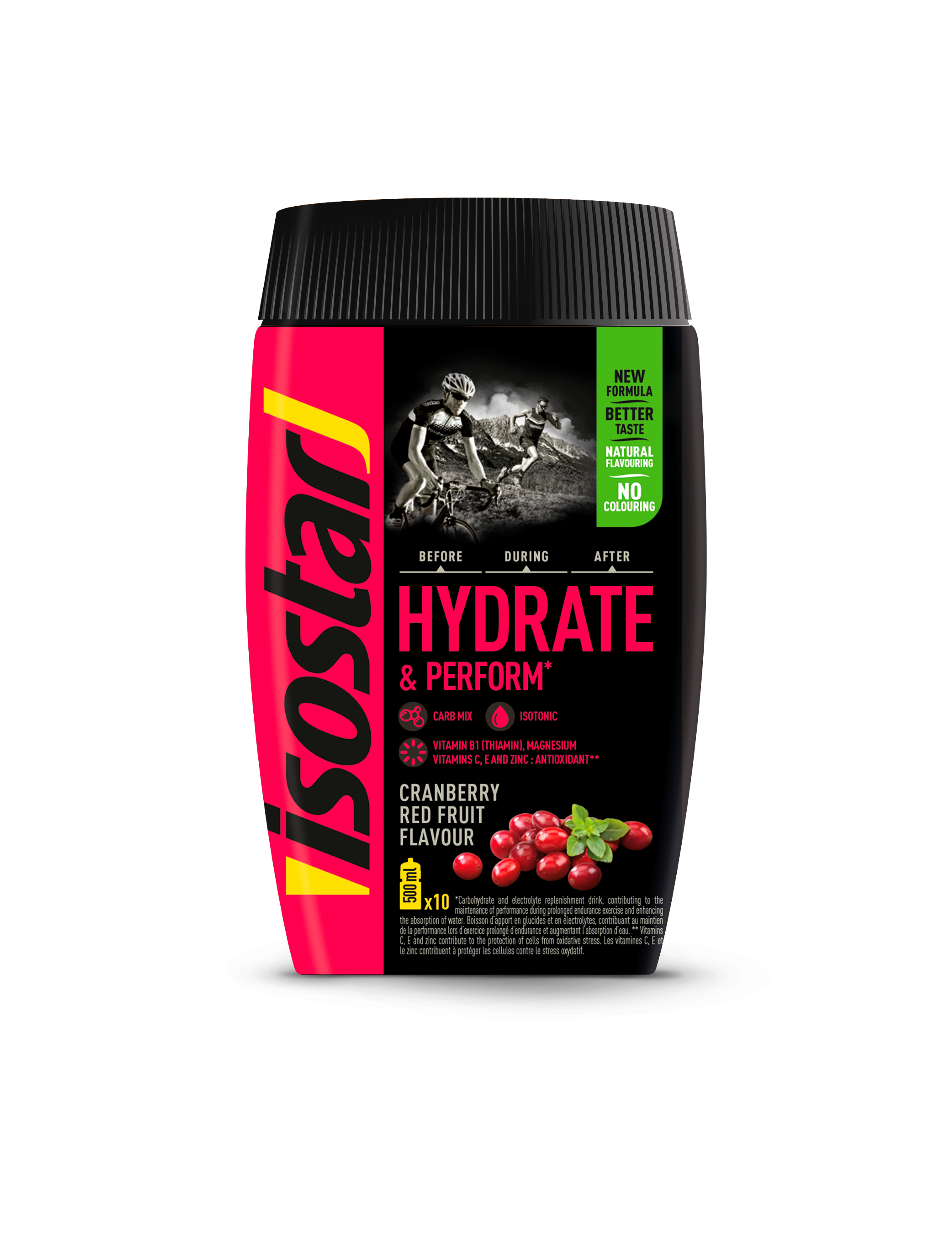 Isostar Hydrate & Perform cranberry sports nutrition powder in a 400g container, designed for hydration and performance.