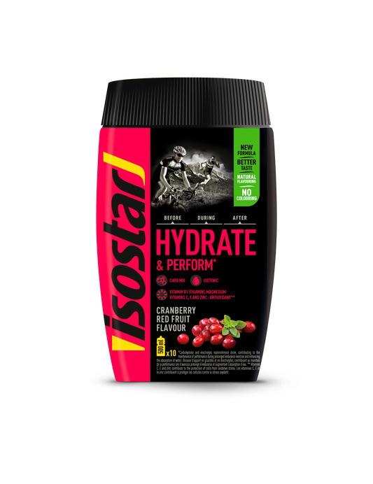 Isostar Hydrate & Perform cranberry sports nutrition powder in a 400g container, designed for hydration and performance.